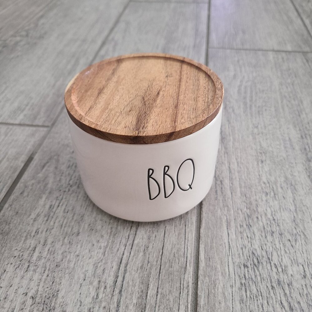 Rae Dunn Artisan Collection “BBQ” Ceramic Canister with Wooden Lid 4.25”
